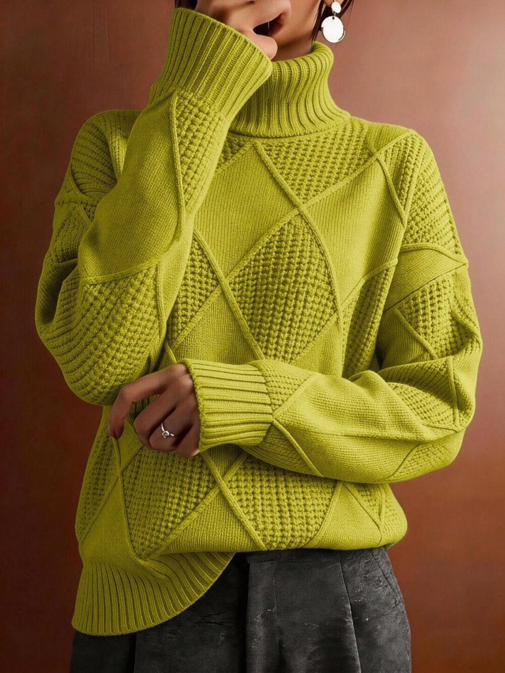 Army Green Casual Women's Plus Size Turtleneck Sweater